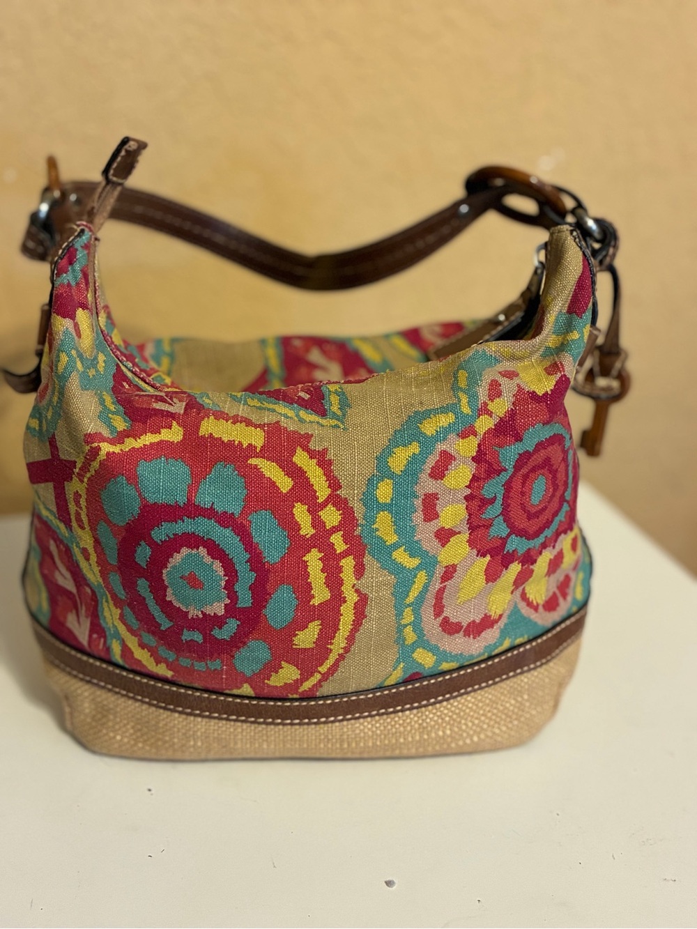 Vintage Fossil Boho Canvas Leather Shoulder Bag Floral Wood Key Charm Purse Y2K - Picture 3 of 16